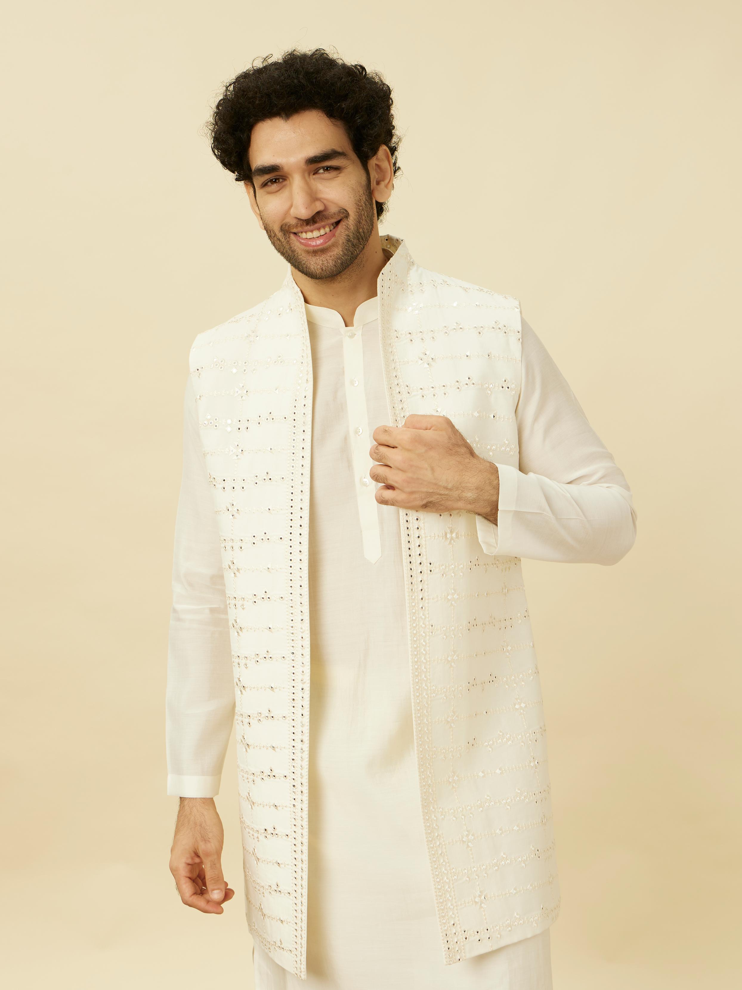 Twamev Men Dazzling White Kurta Jacket Set