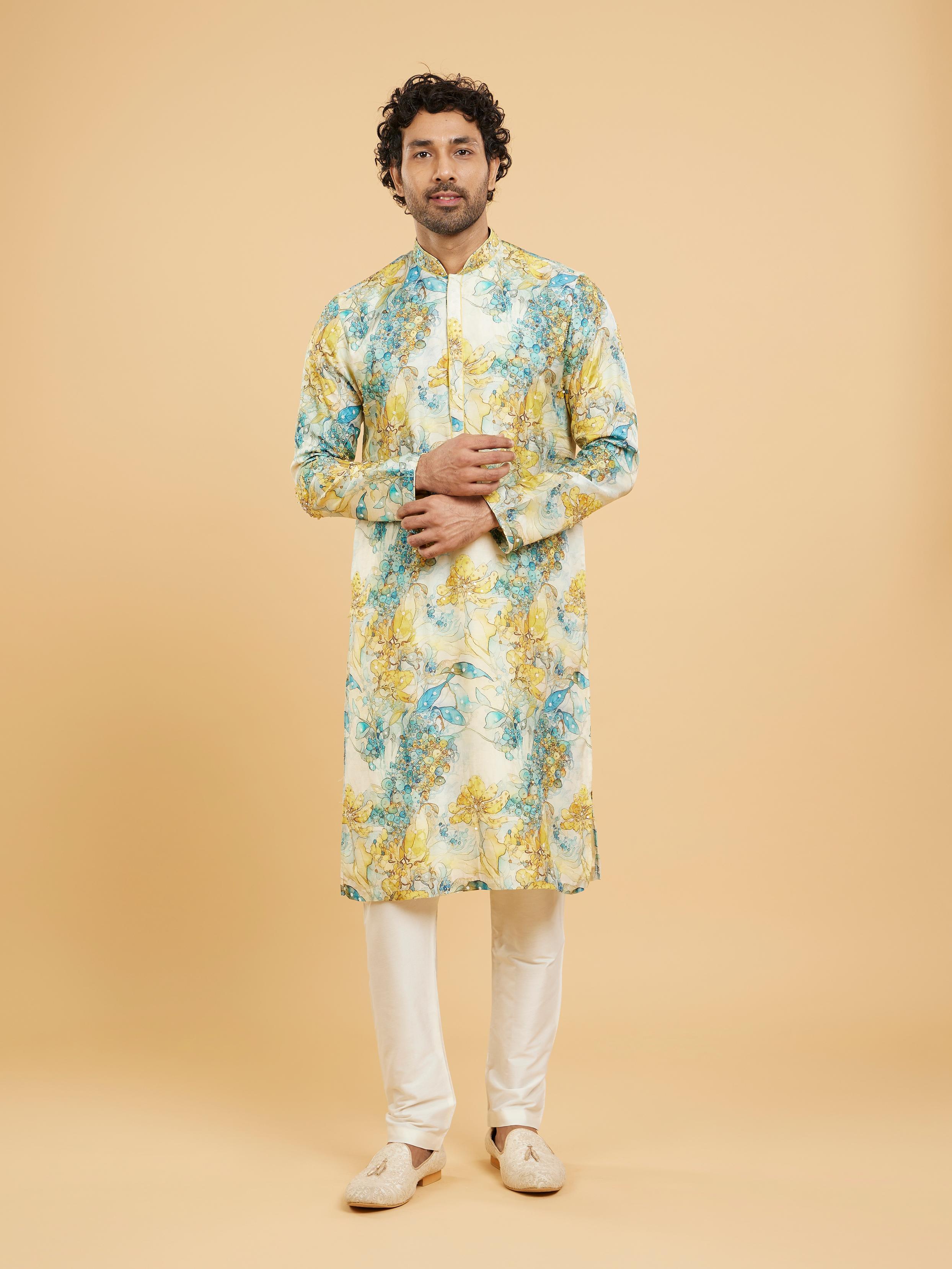 Twamev Men Turquoise Blue Yellow Kurta Pajama