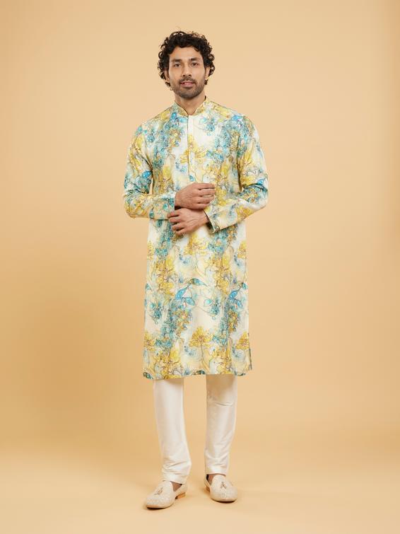 Twamev Men Turquoise Blue Yellow Kurta Pajama