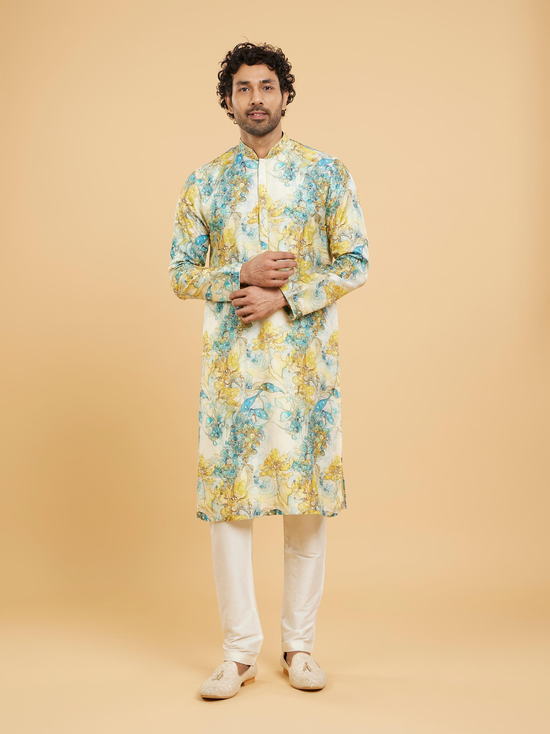 Twamev Men Turquoise Blue Yellow Kurta Pajama