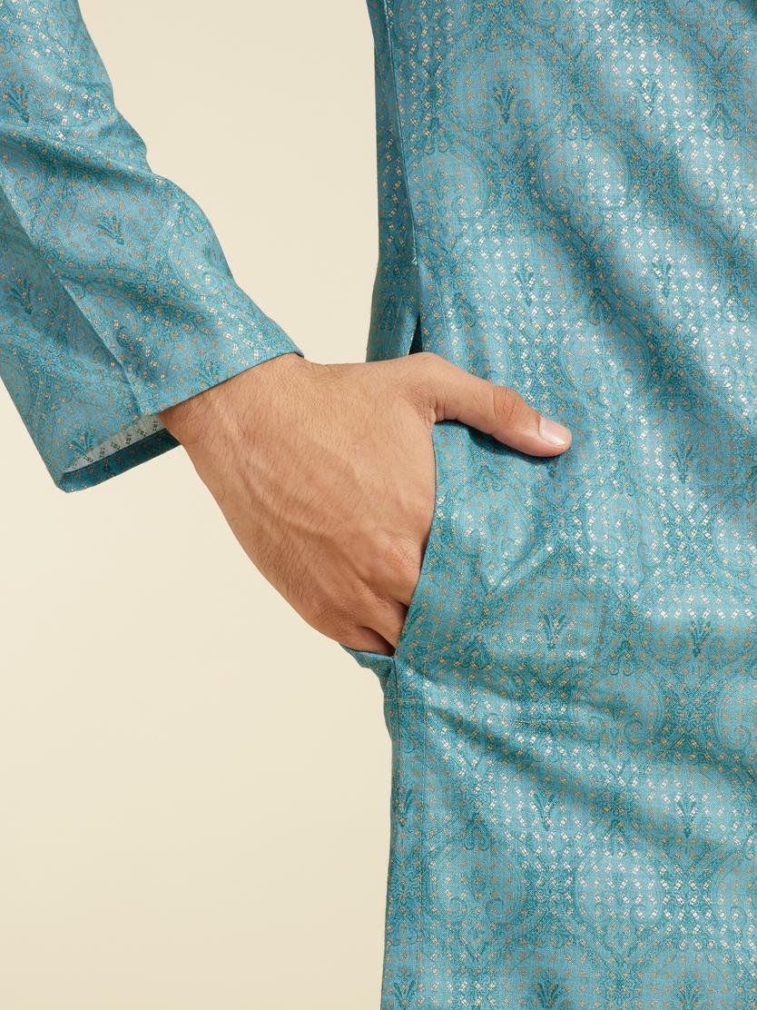 Diwas Men Aqua Green Medallion Printed Kurta