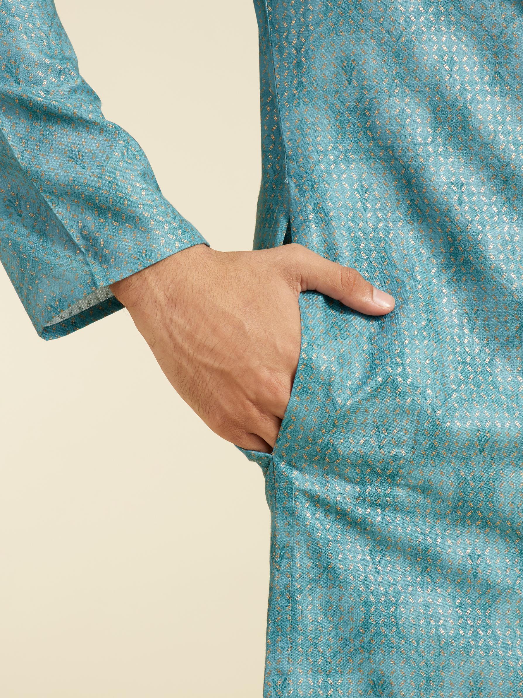 Diwas Men Aqua Green Medallion Printed Kurta