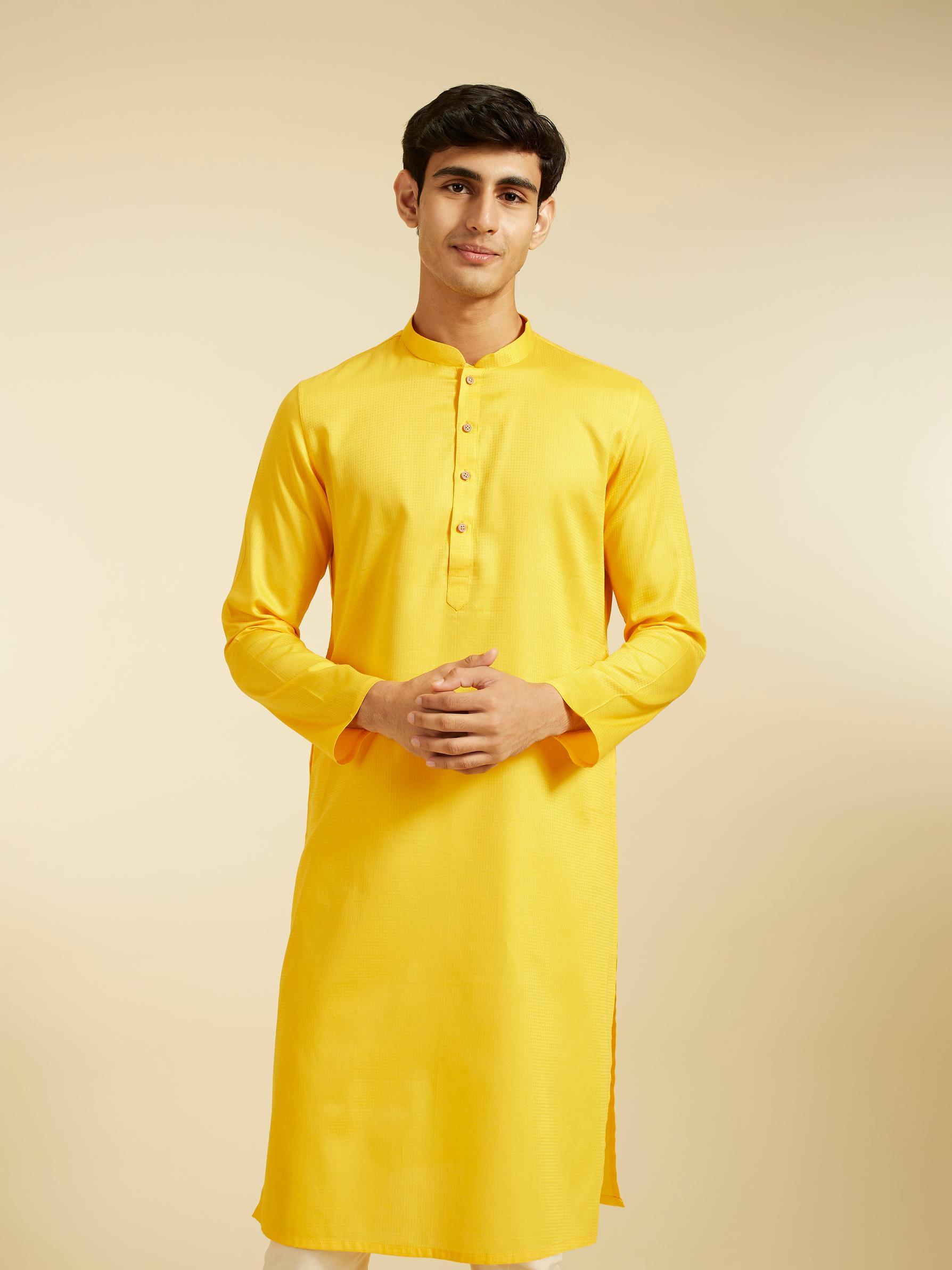 Diwas Men Mustard Yellow Self Textured Kurta