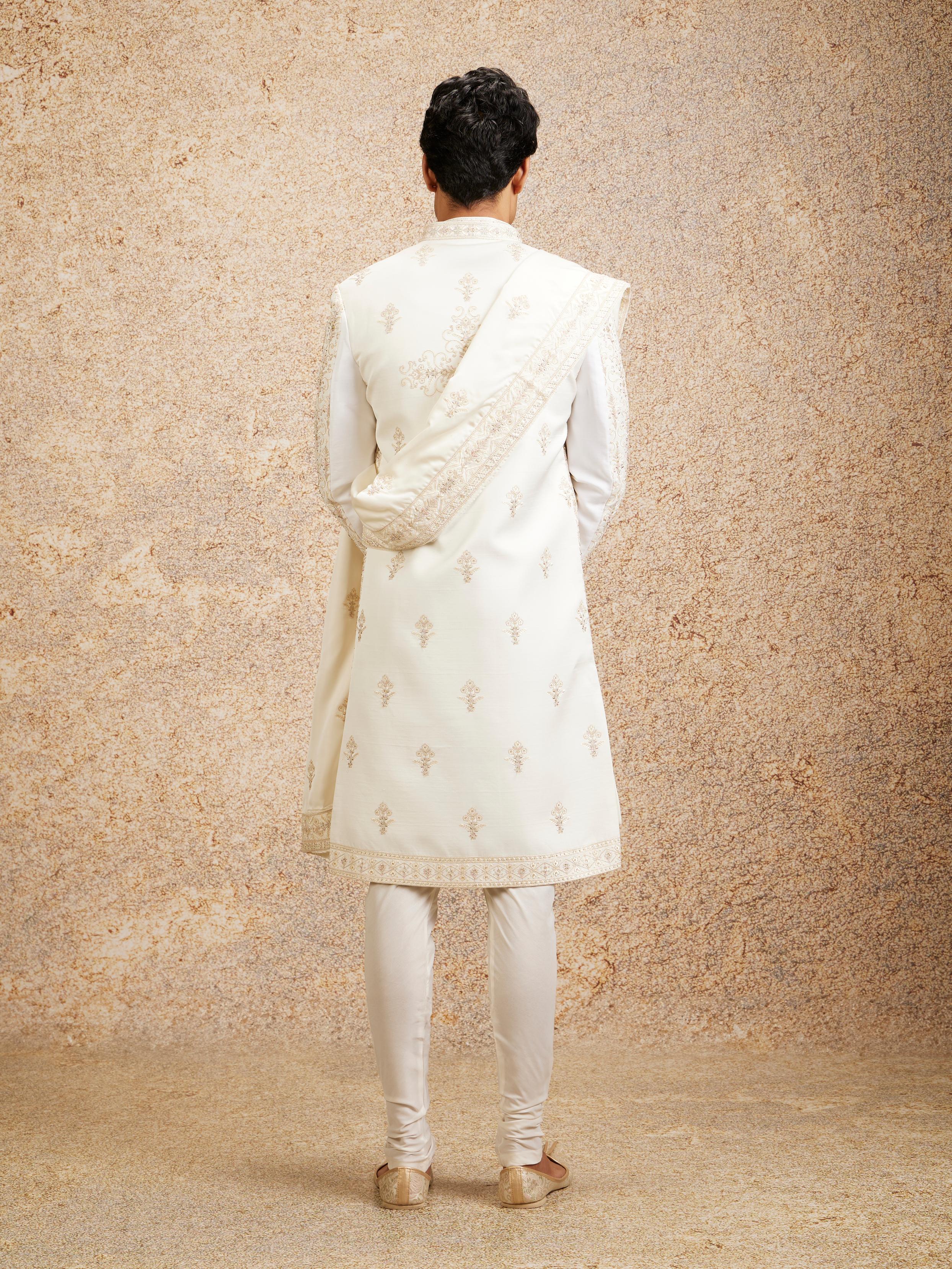 Twamev Men Warm White Satin Sherwani with Zari Embellishments