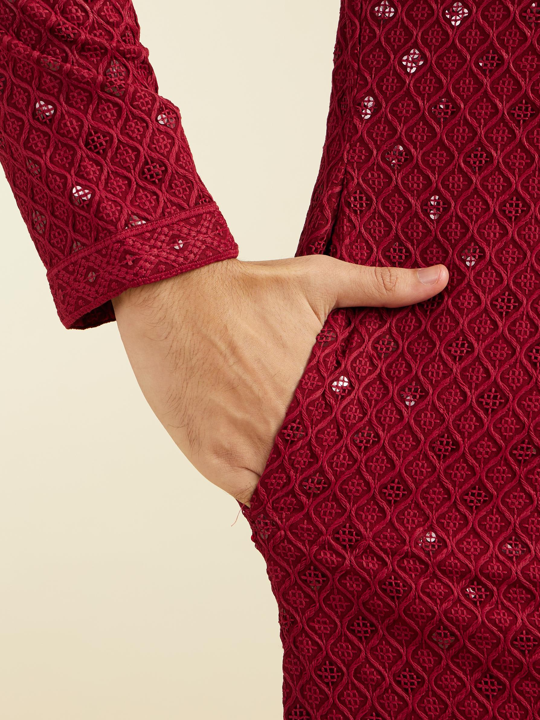 Diwas Men Maroon Red Chikankari Kurta With Sequins