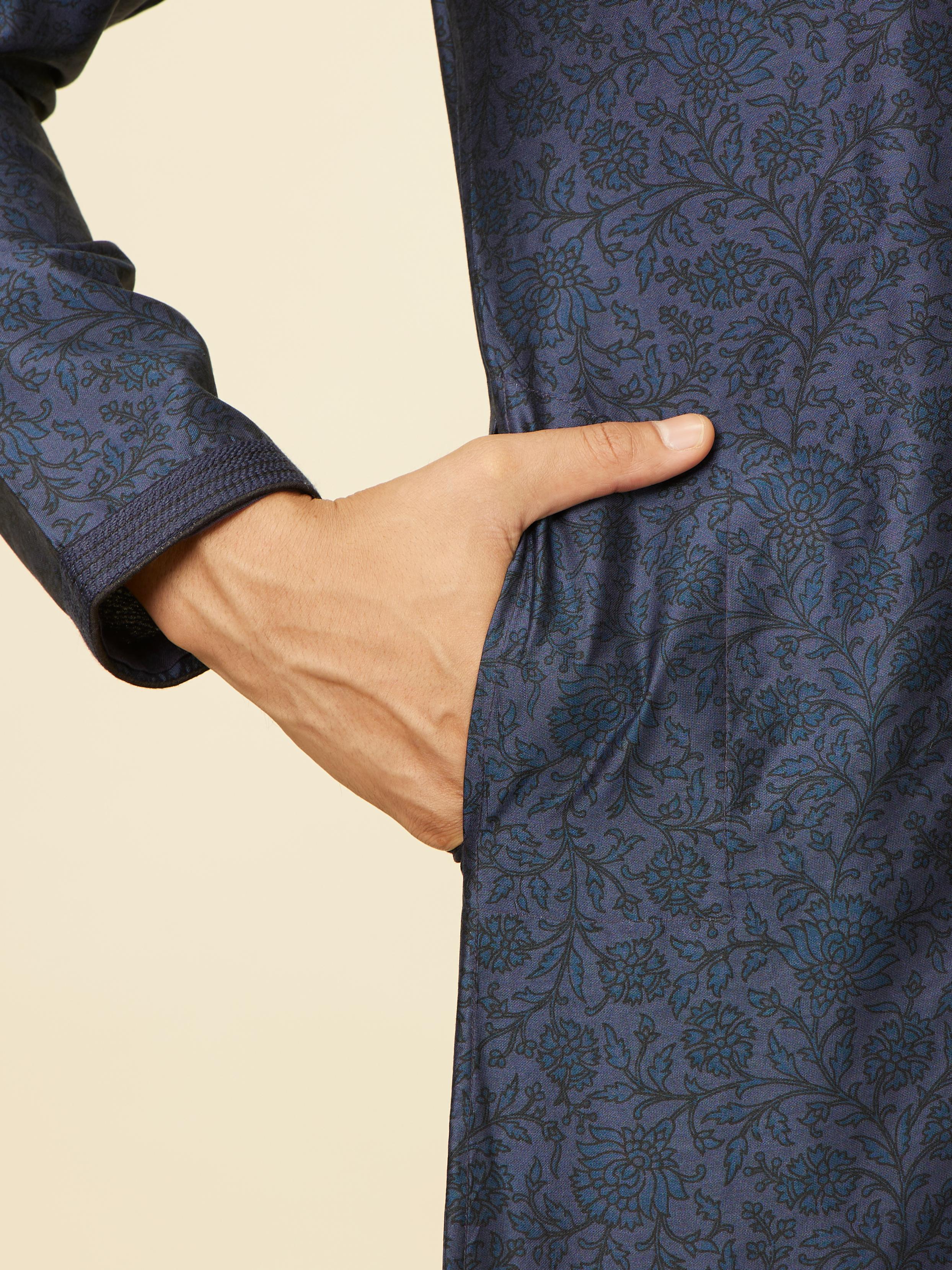 Twamev Men Indigo Blue Bel Buti Patterned Kurta Set