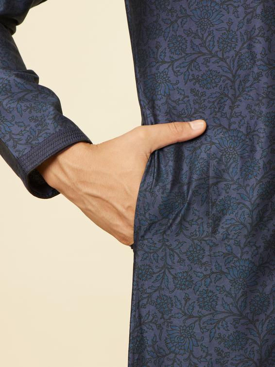Twamev Men Indigo Blue Bel Buti Patterned Kurta Set