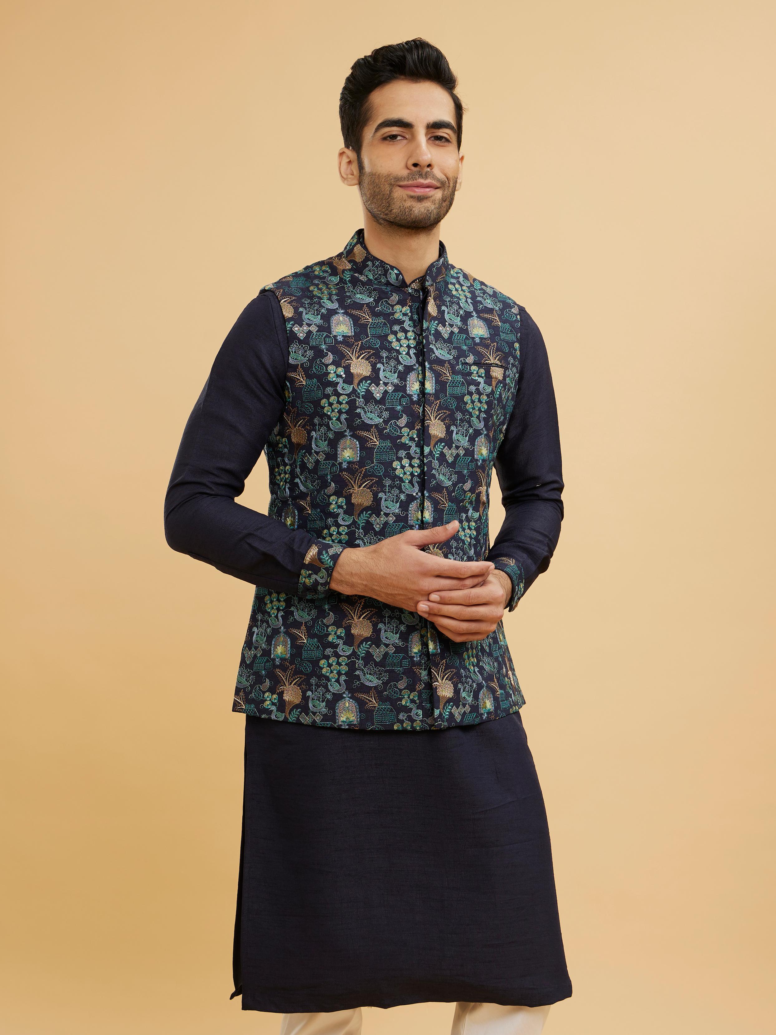 Twamev Men Navy Blue Kurta Set with Village Inspired Motifs