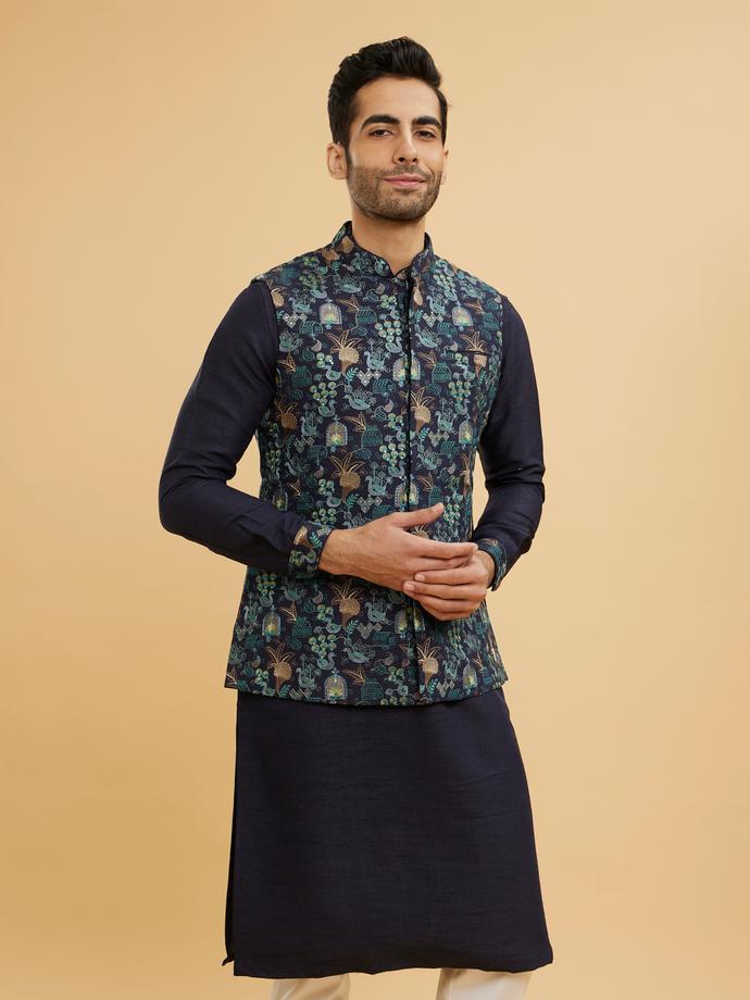 Twamev Men Navy Blue Kurta Set with Village Inspired Motifs