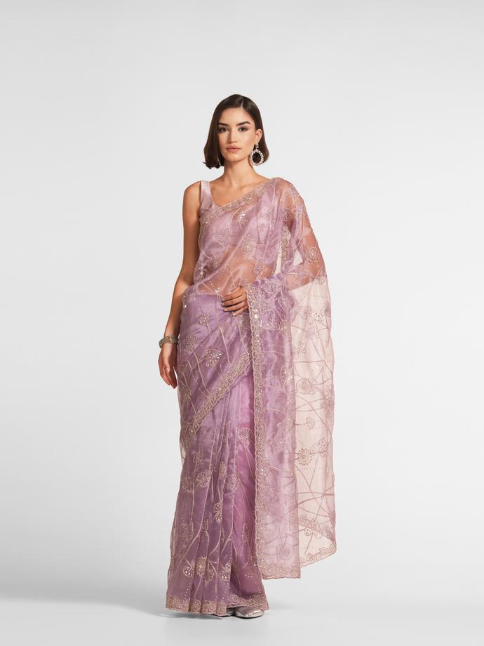 Twamev Women Regal Purple Organza Saree