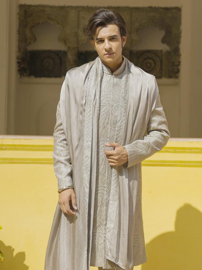 Twamev Men Steel Grey Self Embroidered Sherwani Set with Geometric Patterns