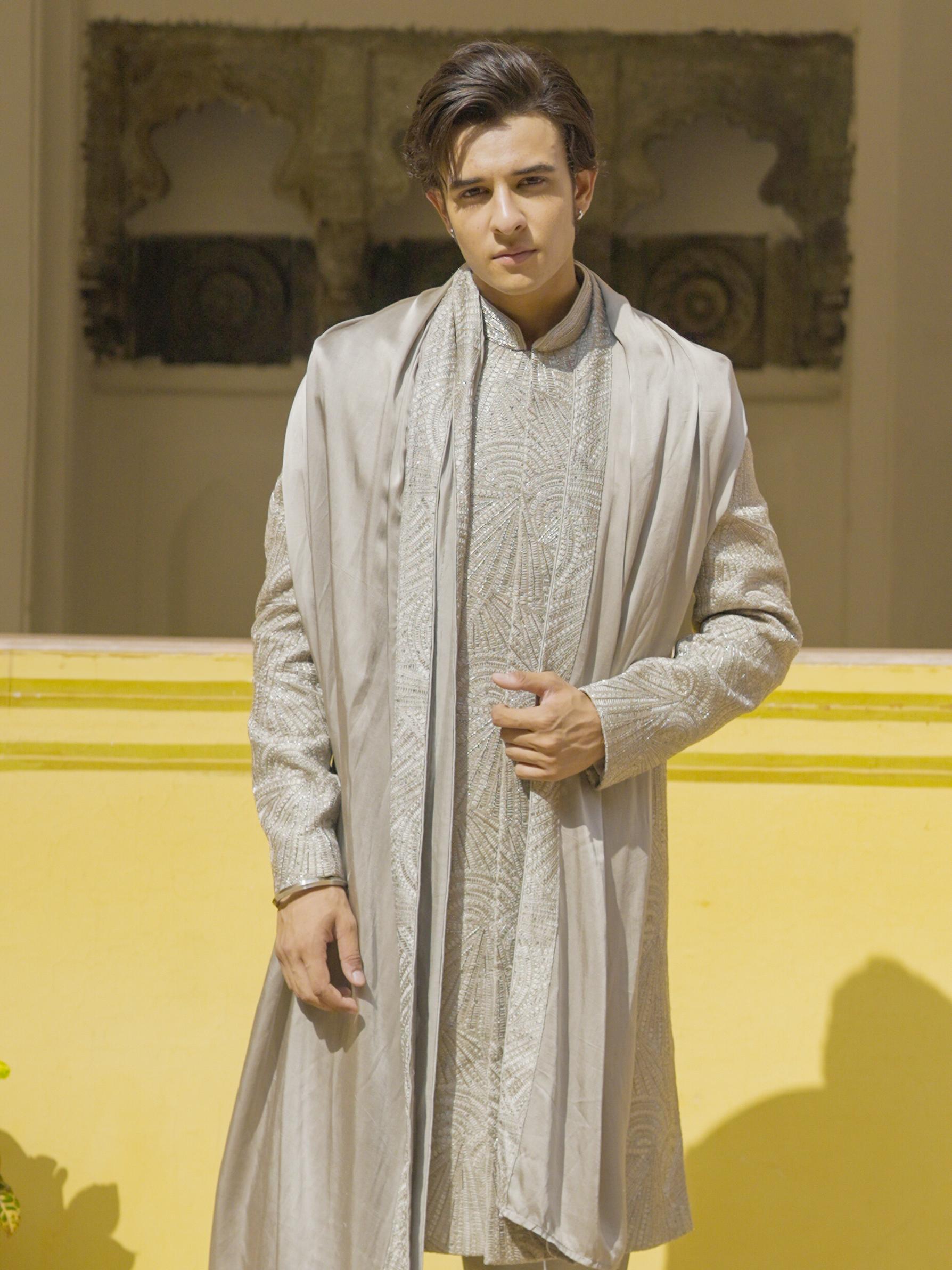 Twamev Men Steel Grey Self Embroidered Sherwani Set with Geometric Patterns