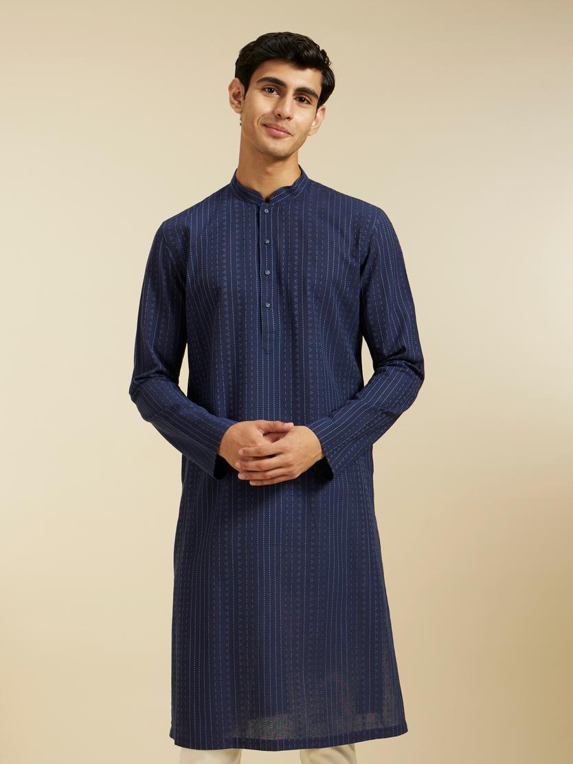 Diwas Men Indigo Blue Linear Patterned Kurta