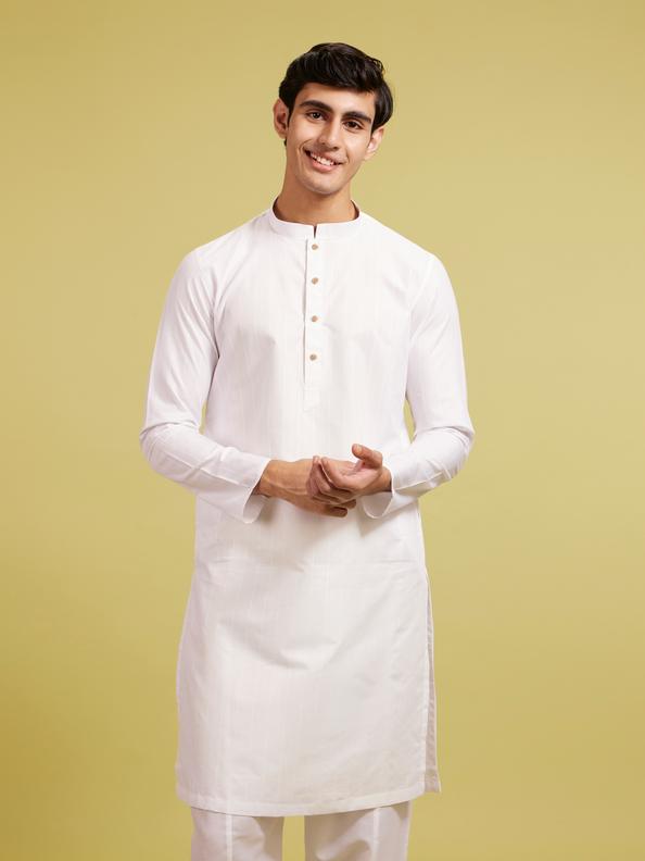 Diwas Men Ice White Linear Self Striped Kurta