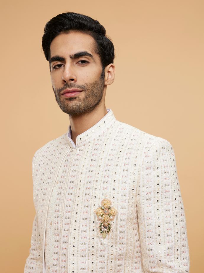 Twamev Men Cream Beige Mirror Embellished Sherwani Set