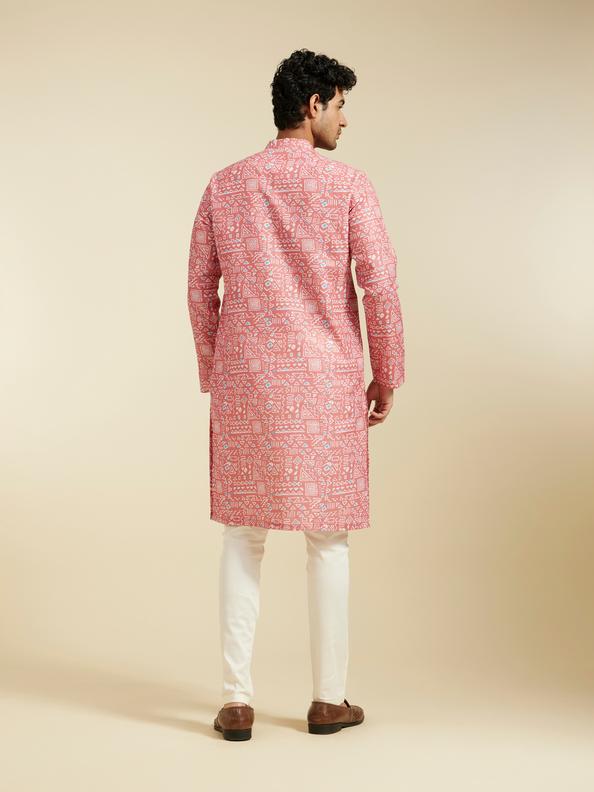 Diwas Men Coral Peach Aztec Printed Kurta