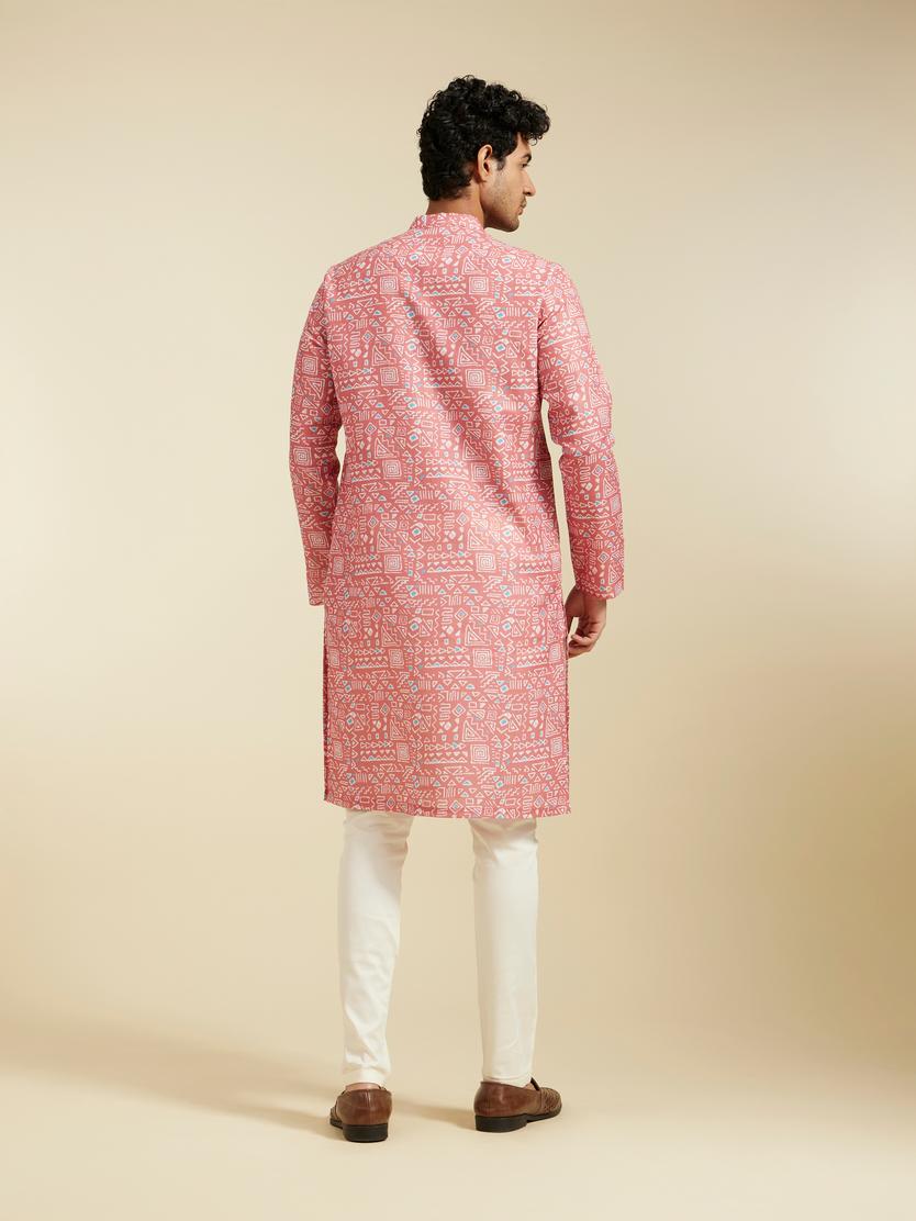 Diwas Men Coral Peach Aztec Printed Kurta