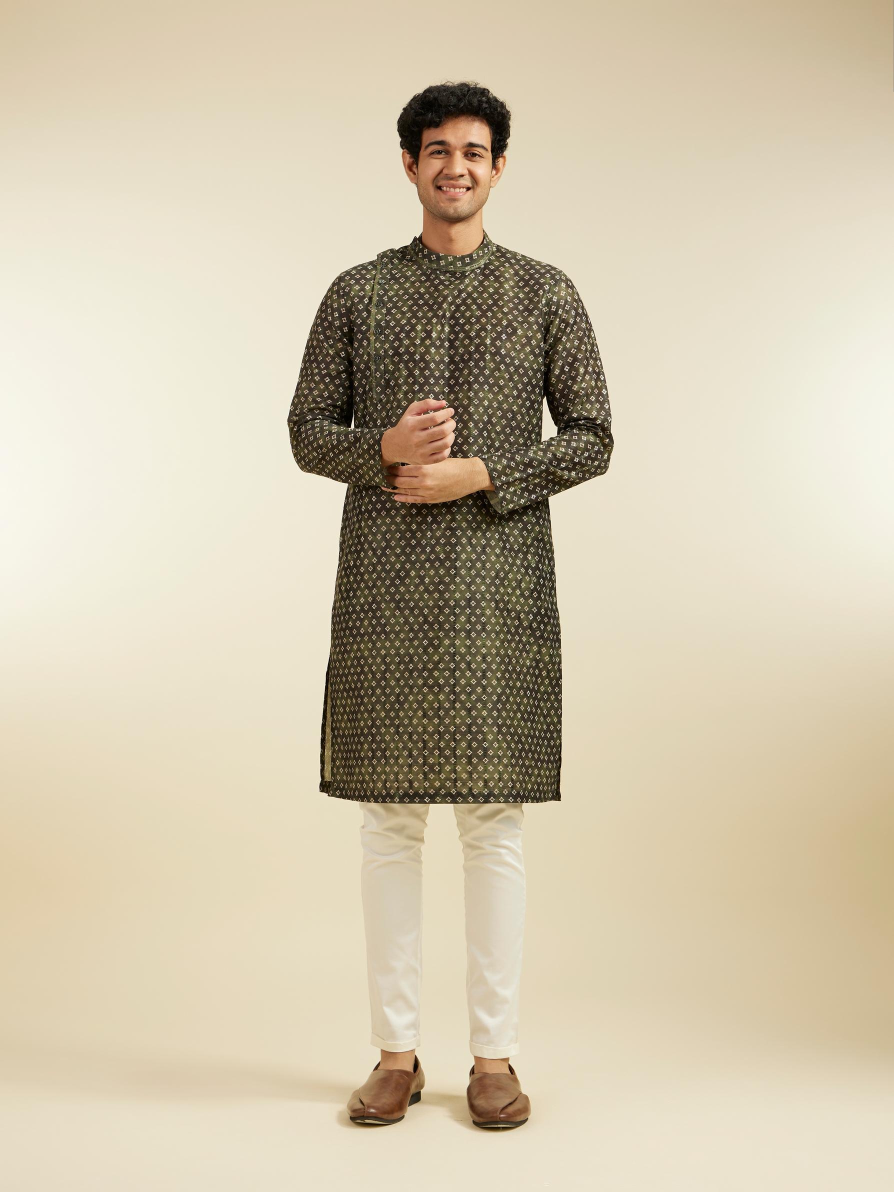 Diwas Men Bottle Green Bandhani Printed Angrakha Style Kurta