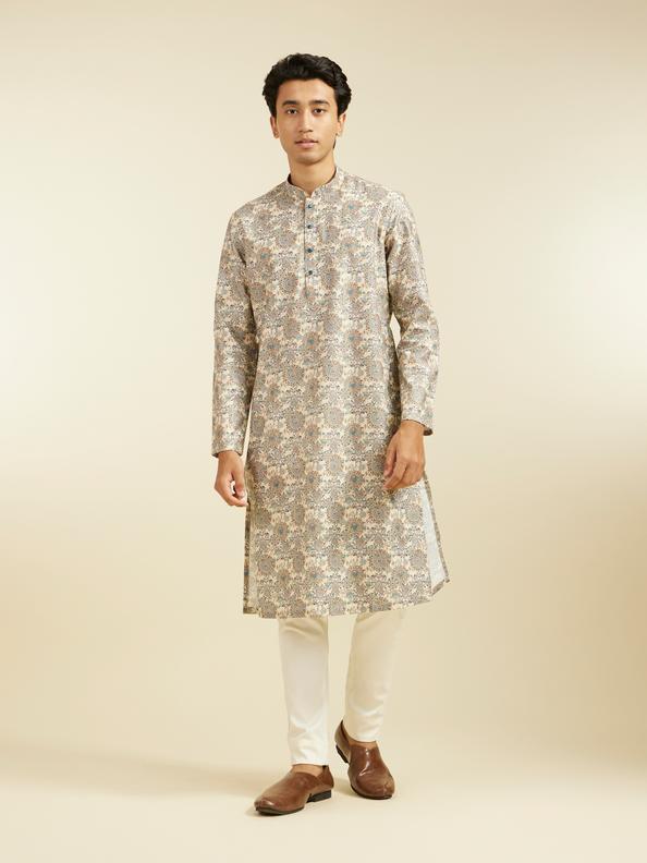Diwas Men Soft Beige Floral Jaal Printed Kurta