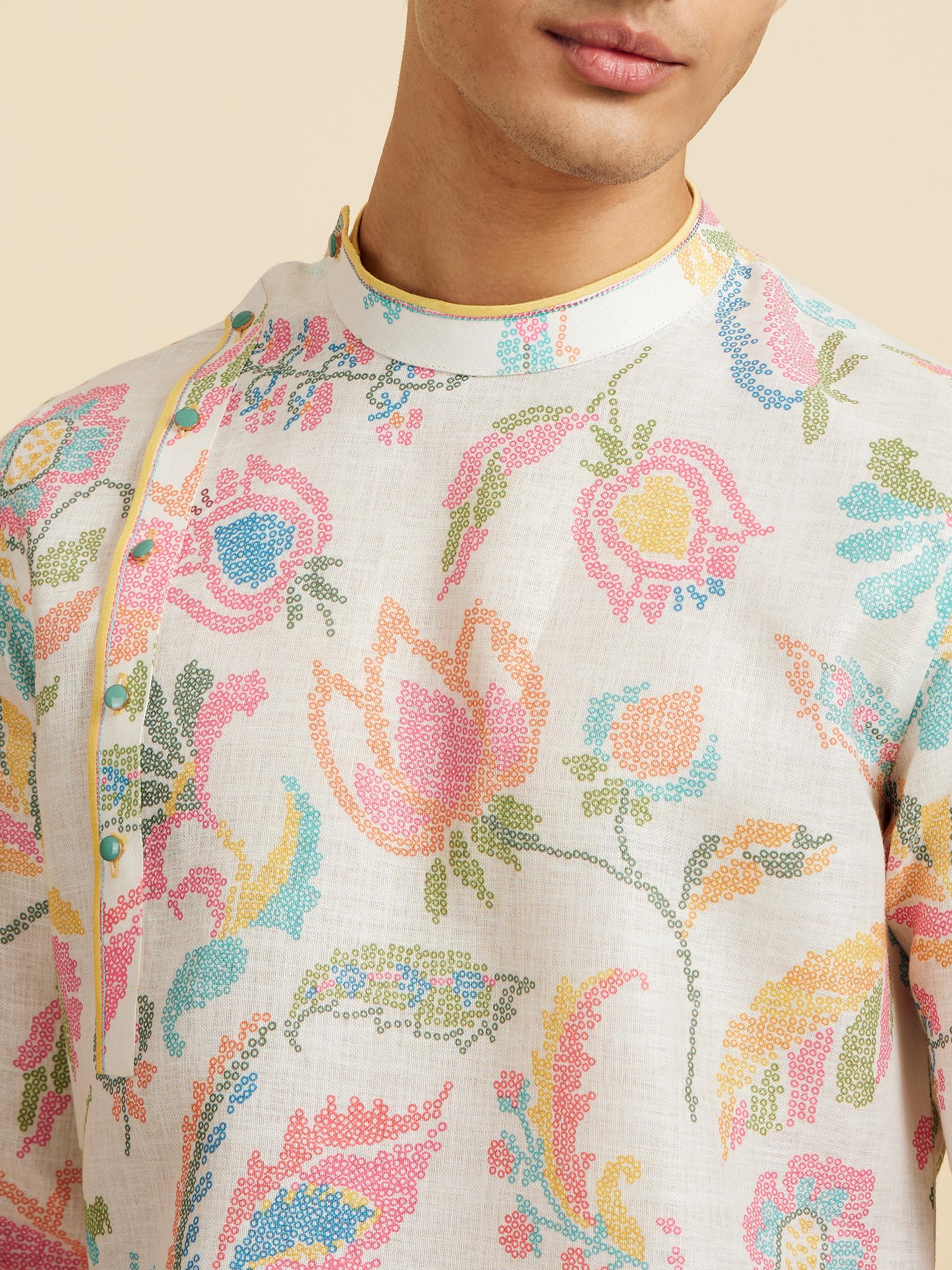 Diwas Men Cream White Floral Printed Kurta