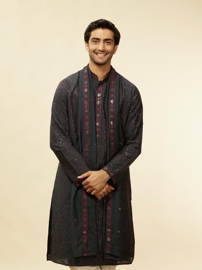 Twamev Men Enigmatic Dark Grey Sequin Kurta Set with Dupatta