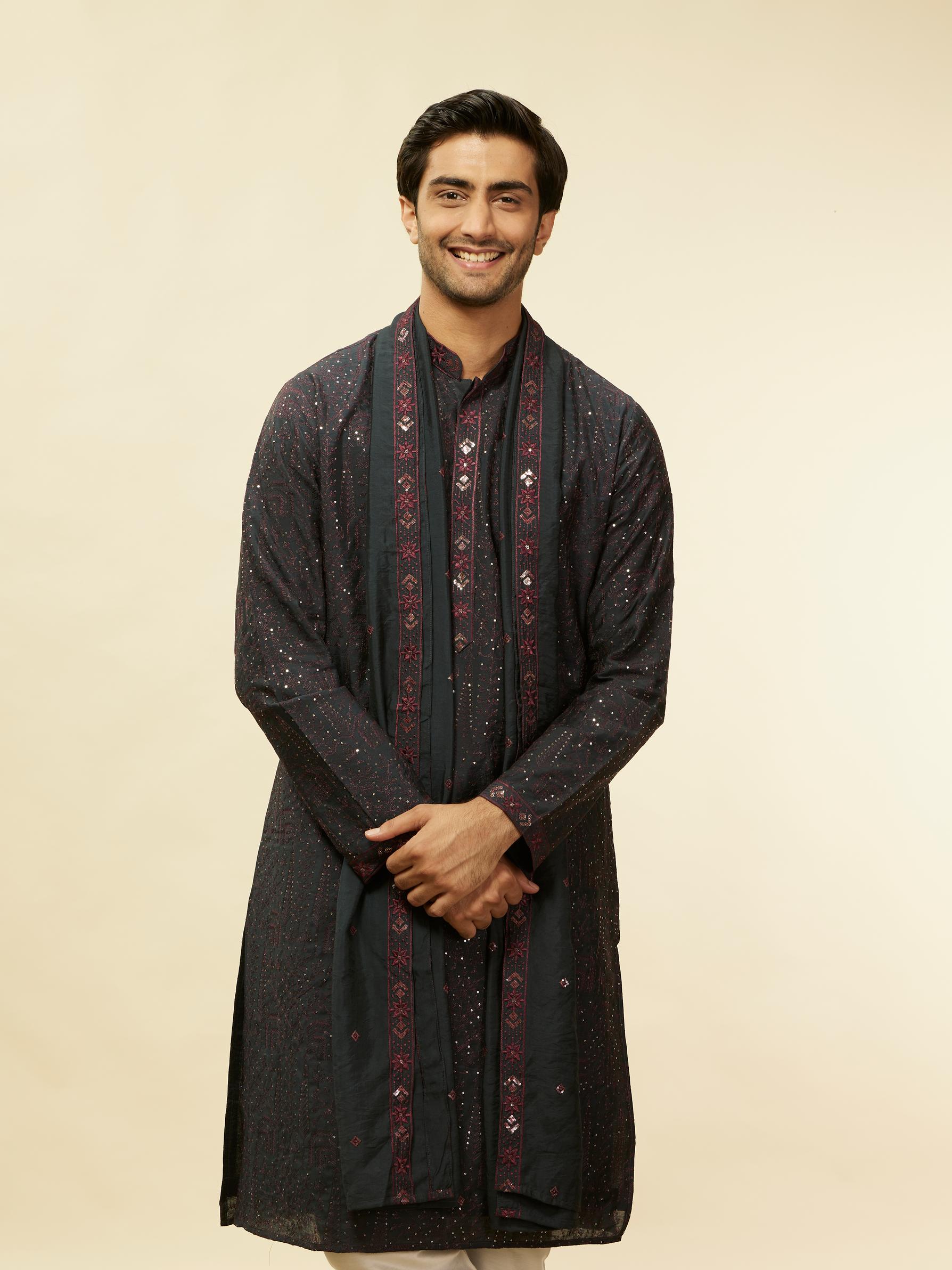 Twamev Men Enigmatic Dark Grey Sequin Kurta Set with Dupatta