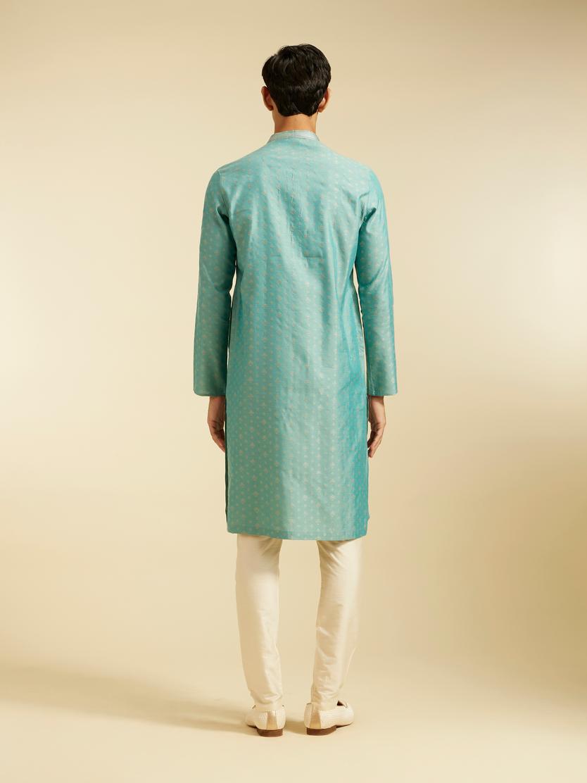 Diwas Men Aqua Green Buta Patterned Kurta with Striped Neckline