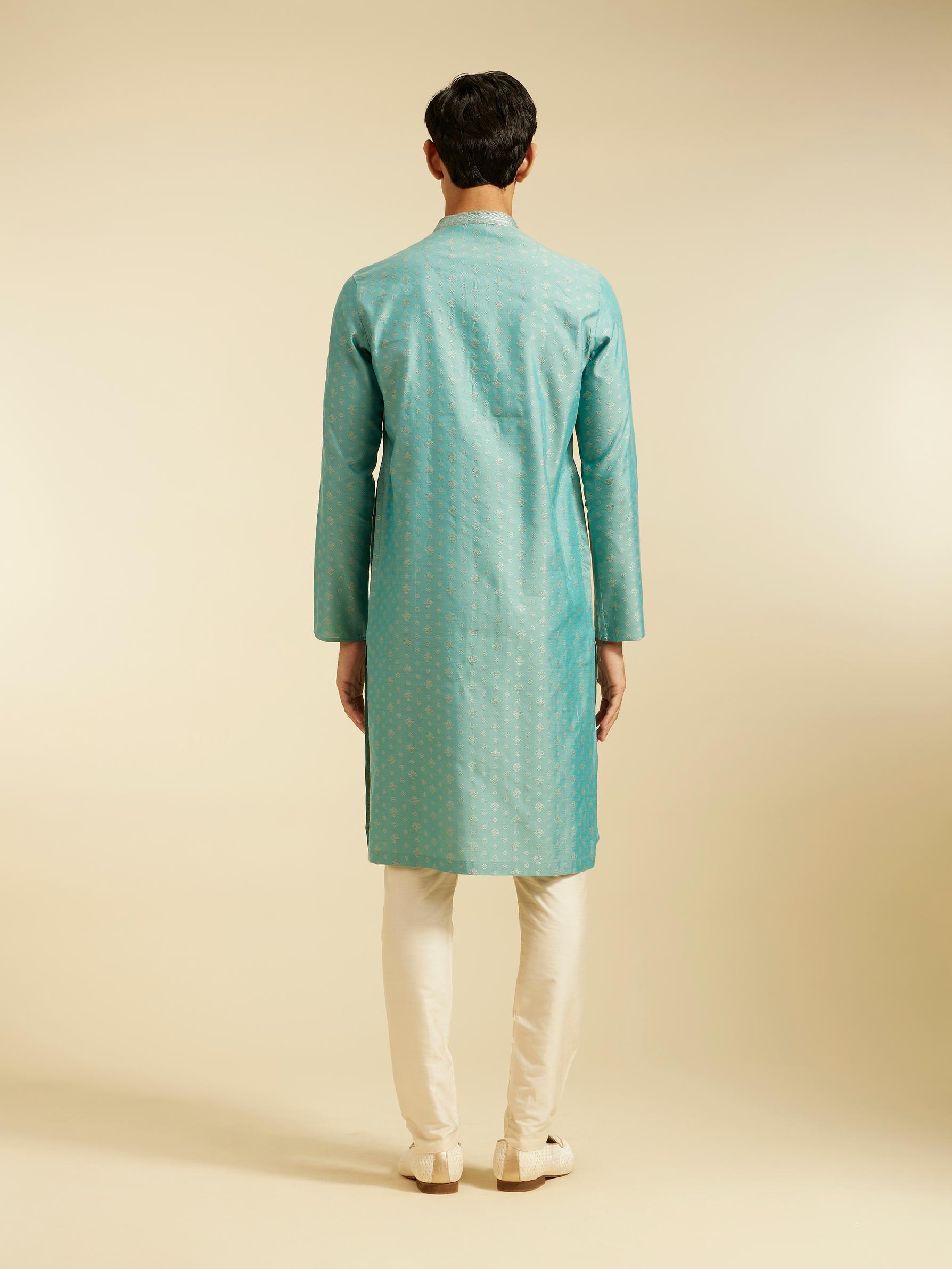 Diwas Men Aqua Green Buta Patterned Kurta with Striped Neckline