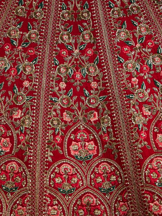 Twamev Women Scarlet Red Darbar Patterned Lehenga with Scallop Motifs, Floral And Bagh Embroidery