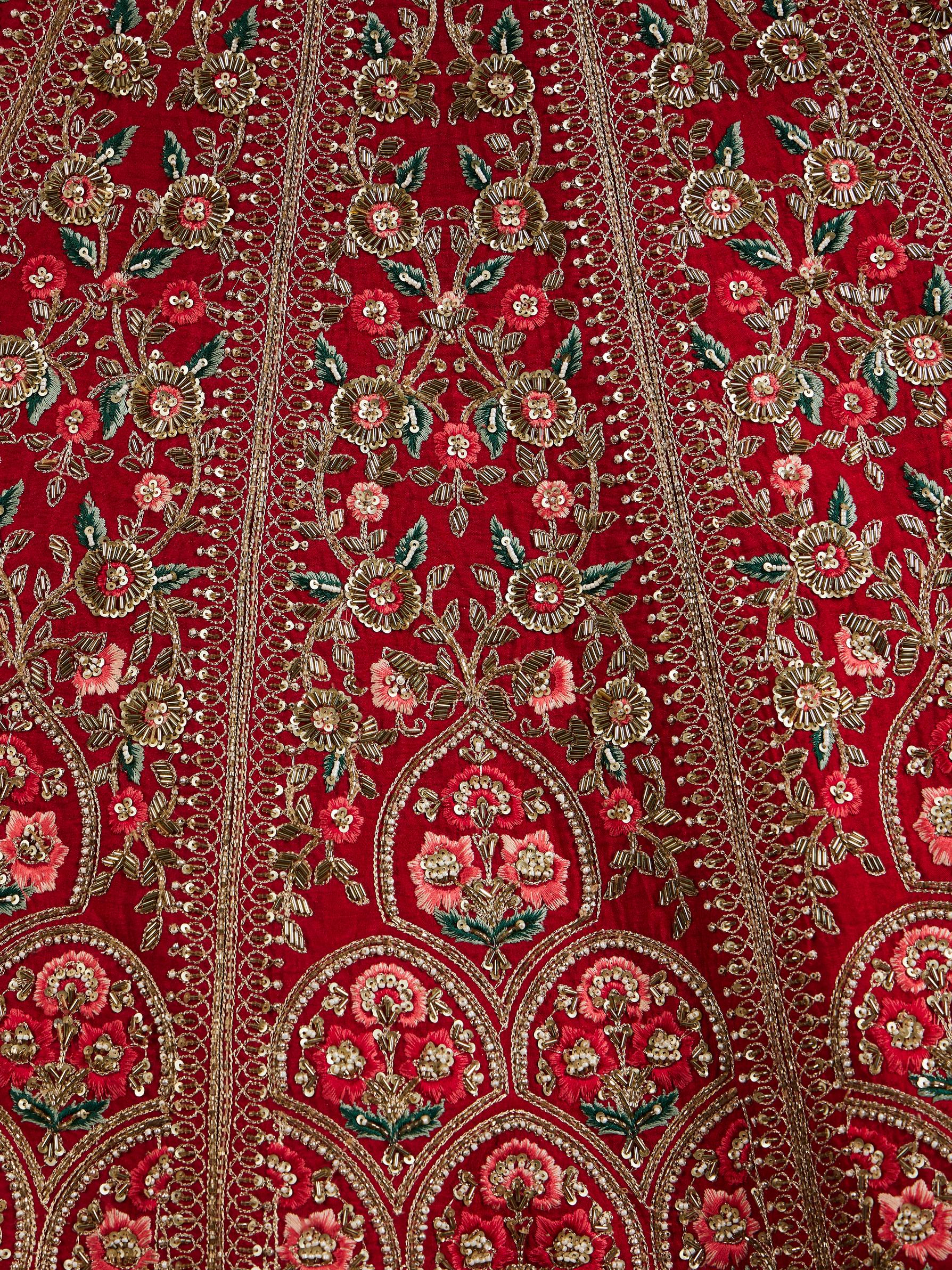 Twamev Women Scarlet Red Darbar Patterned Lehenga with Scallop Motifs, Floral And Bagh Embroidery