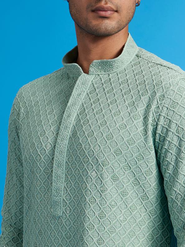 Diwas Men Soft Green Chikankari Kurta With Sequins