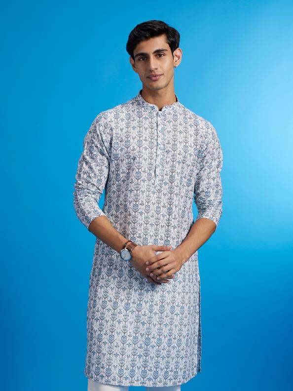 Diwas Men White & Aqua Green Medallion Printed Kurta