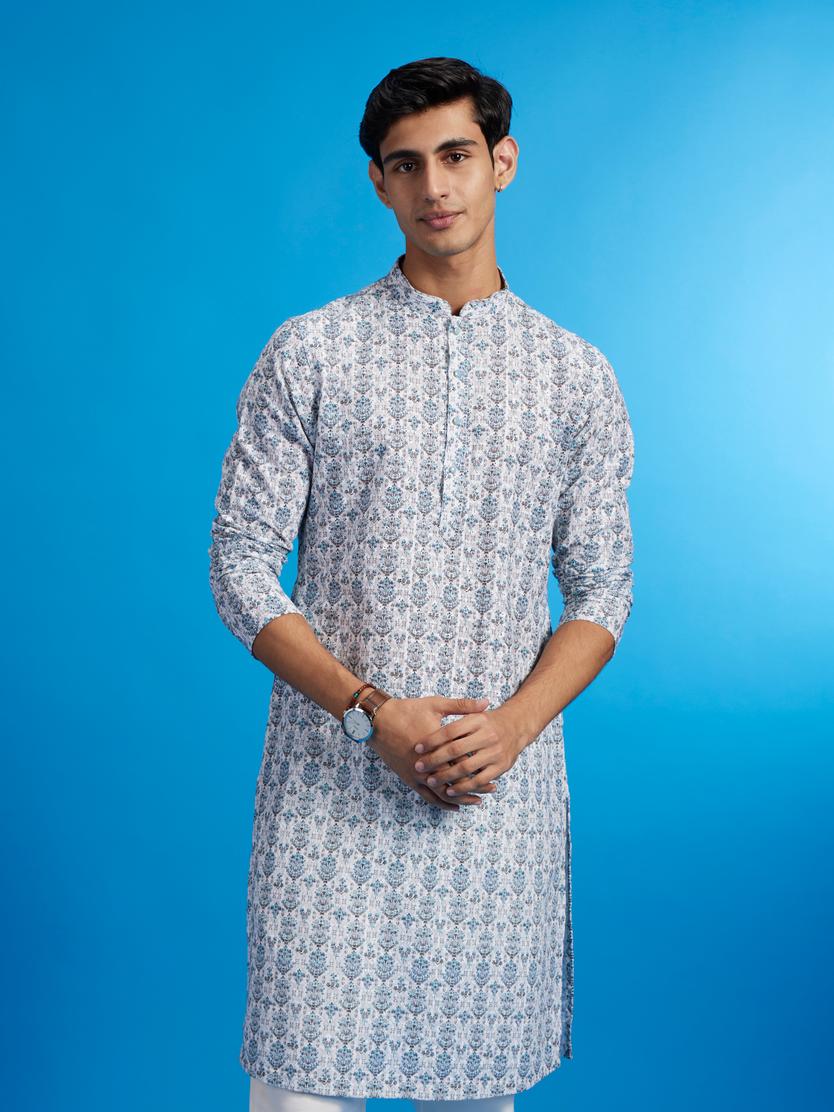 Diwas Men White & Aqua Green Medallion Printed Kurta