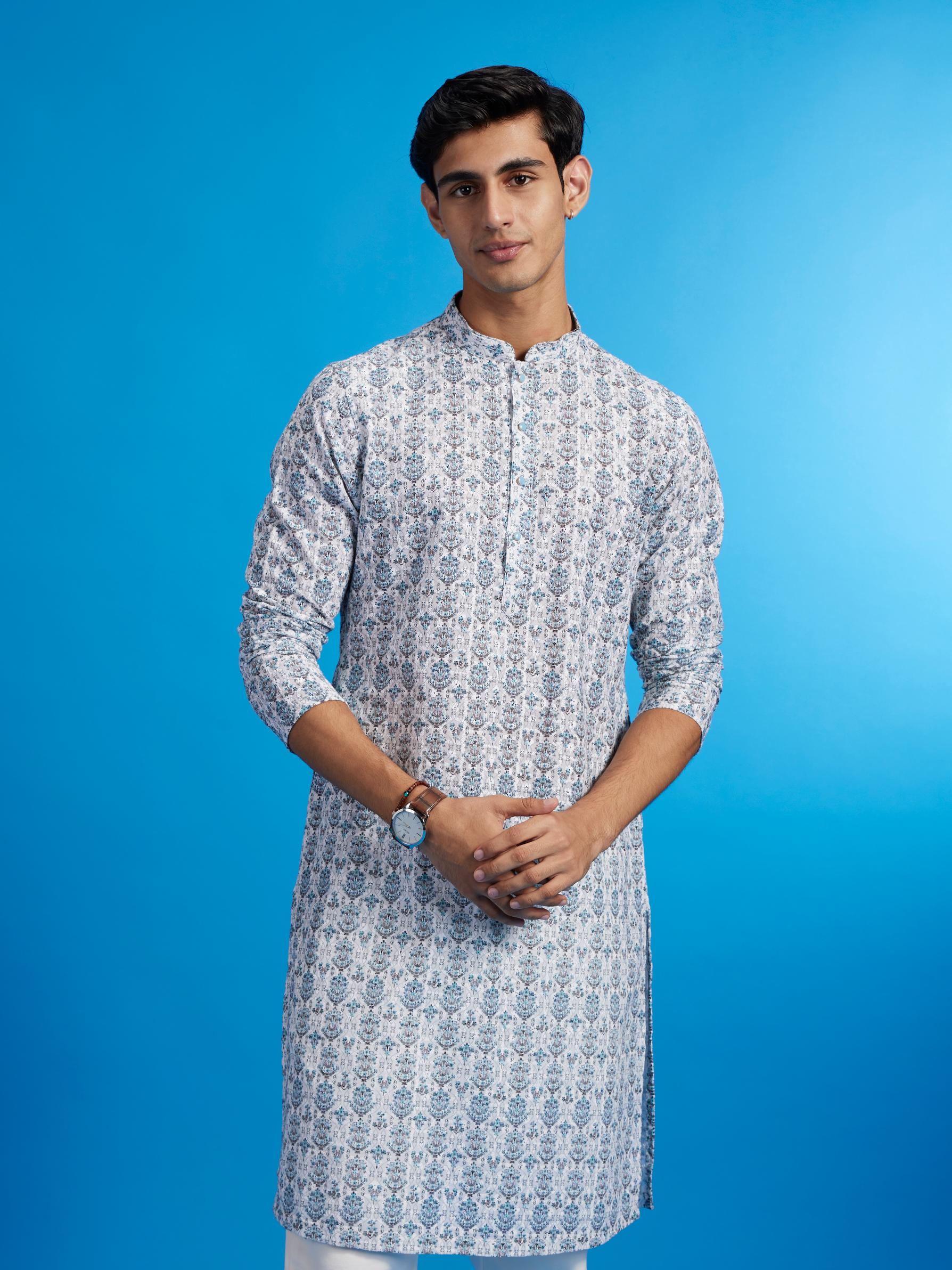Diwas Men White & Aqua Green Medallion Printed Kurta