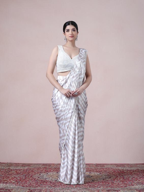 Twamev Women Beige White Satin Saree Splendor