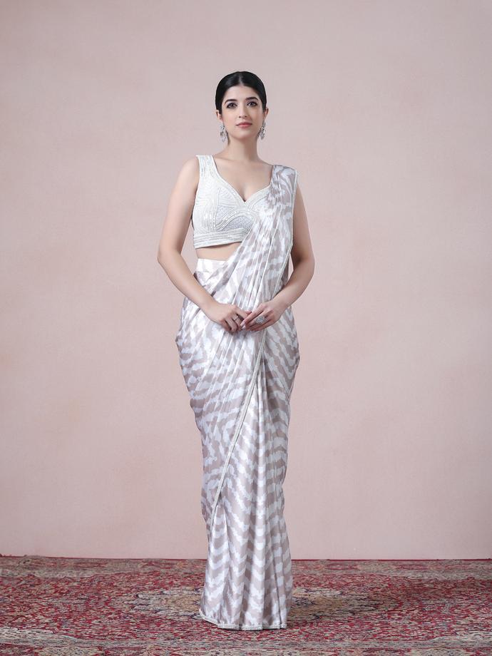 Twamev Women Beige White Satin Saree Splendor