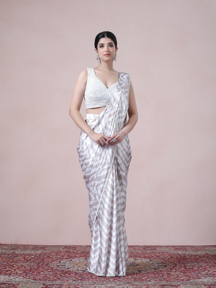 Twamev Women Beige White Satin Saree Splendor
