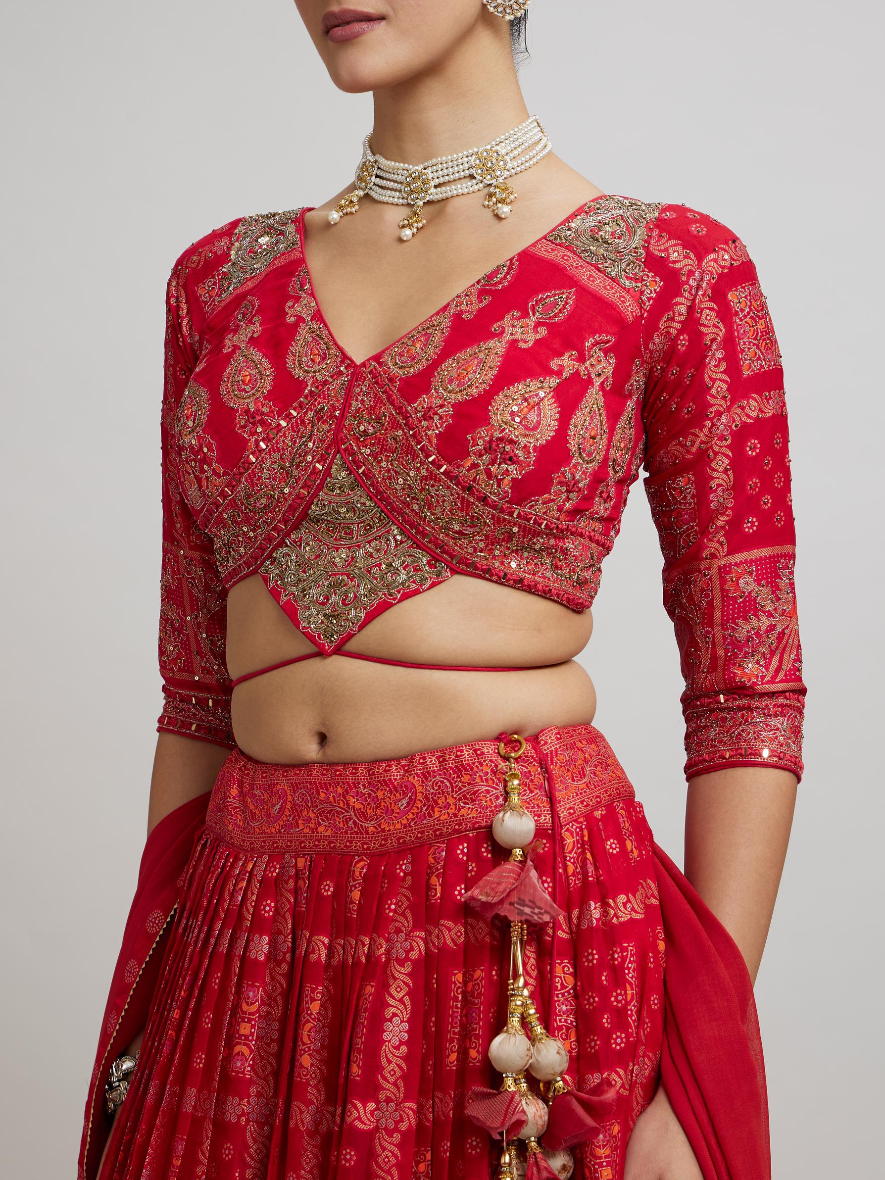 Twamev Women Scintillating Red Chinon Lehenga