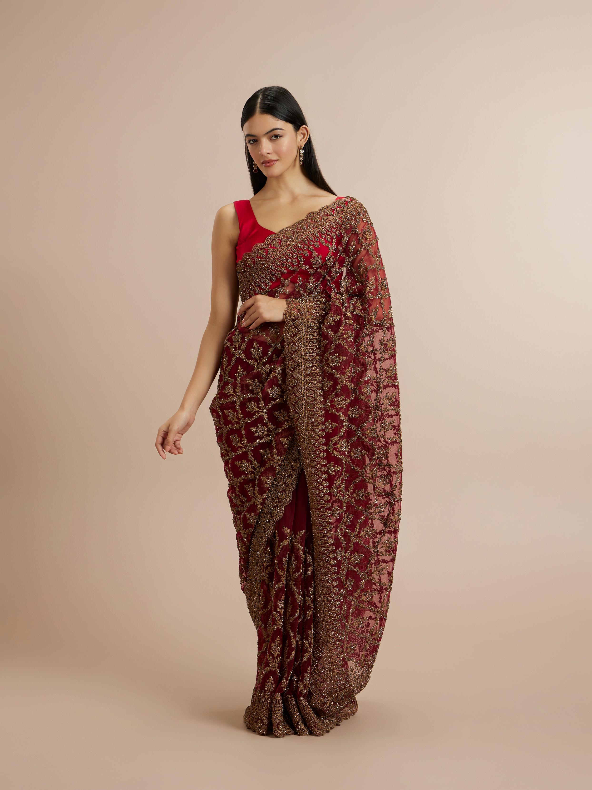 Twamev Women Enchanting Rust Red Net Saree