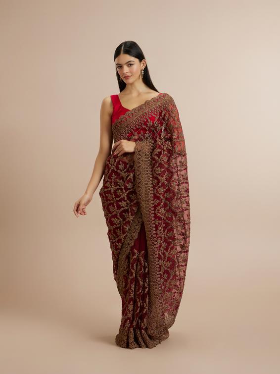 Twamev Women Enchanting Rust Red Net Saree