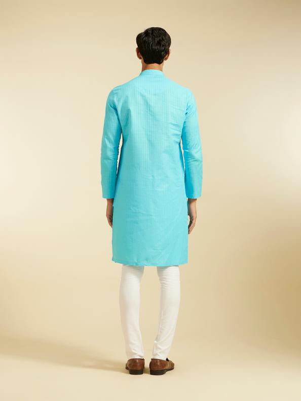 Diwas Men Maya Blue Self Striped Patterned Kurta