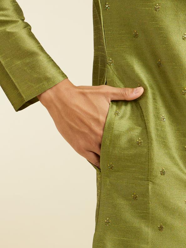 Diwas Men Olive Green Buta Embroidered Kurta with Sequin Work