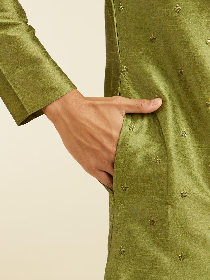 Diwas Men Olive Green Buta Embroidered Kurta with Sequin Work