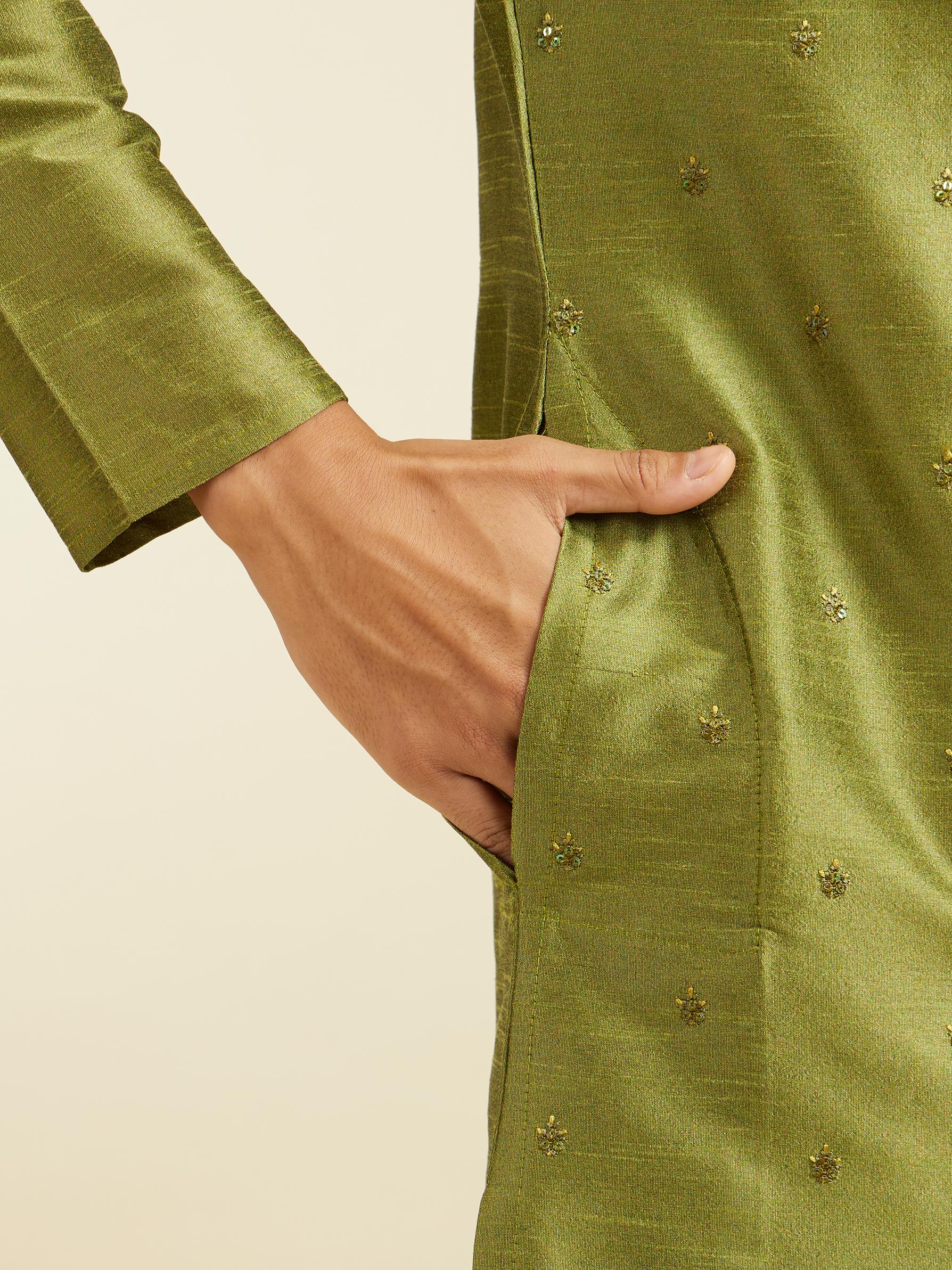 Diwas Men Olive Green Buta Embroidered Kurta with Sequin Work