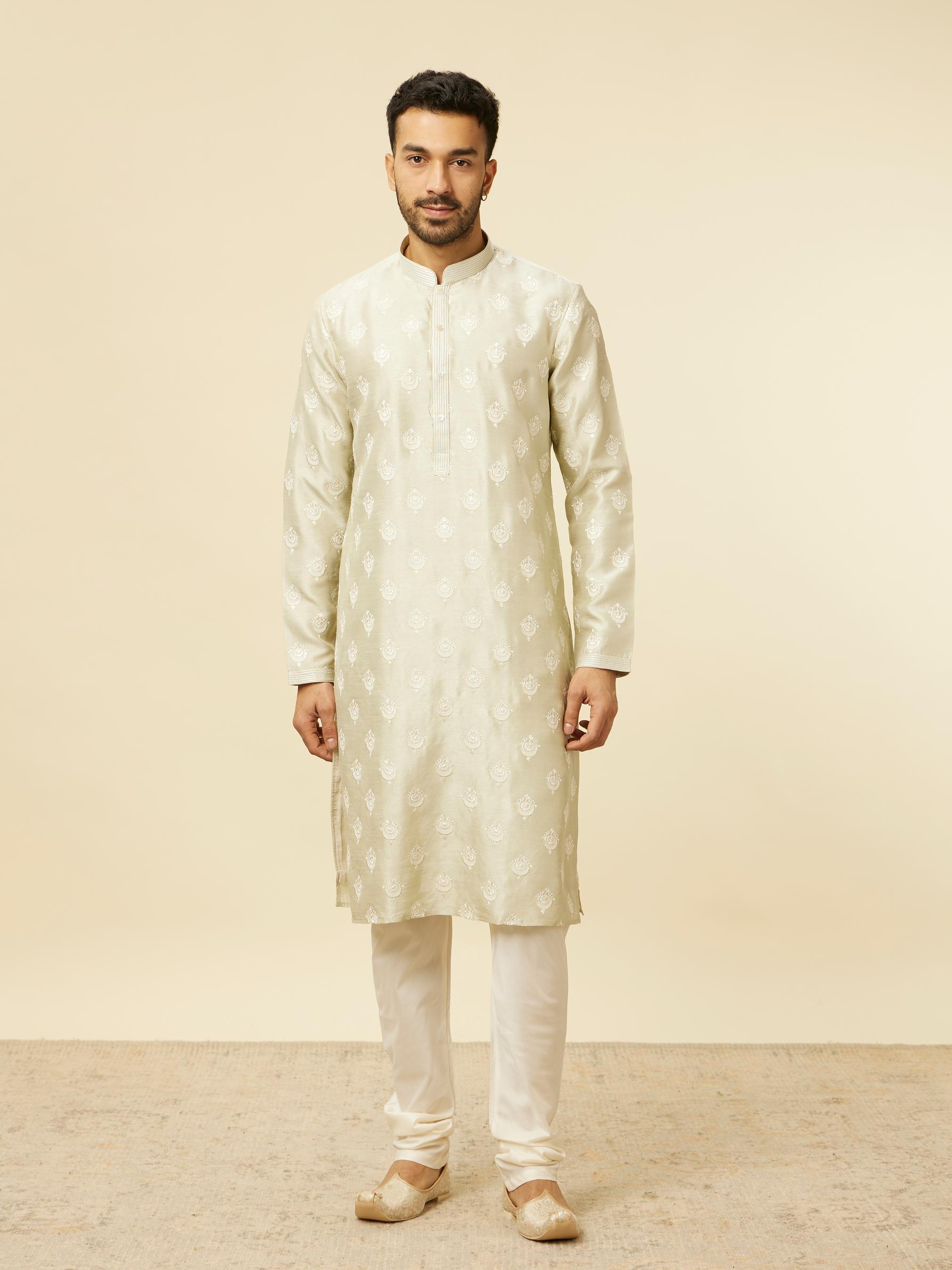 Twamev Men Pista Green Self Patterned Kurta Set