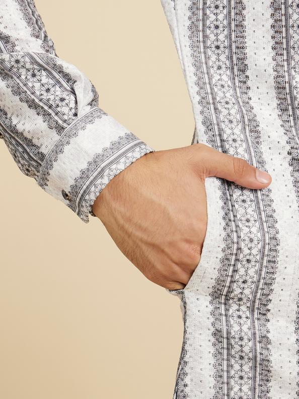 Diwas Men Cloud White And Slate Grey Linear Printed Kurta