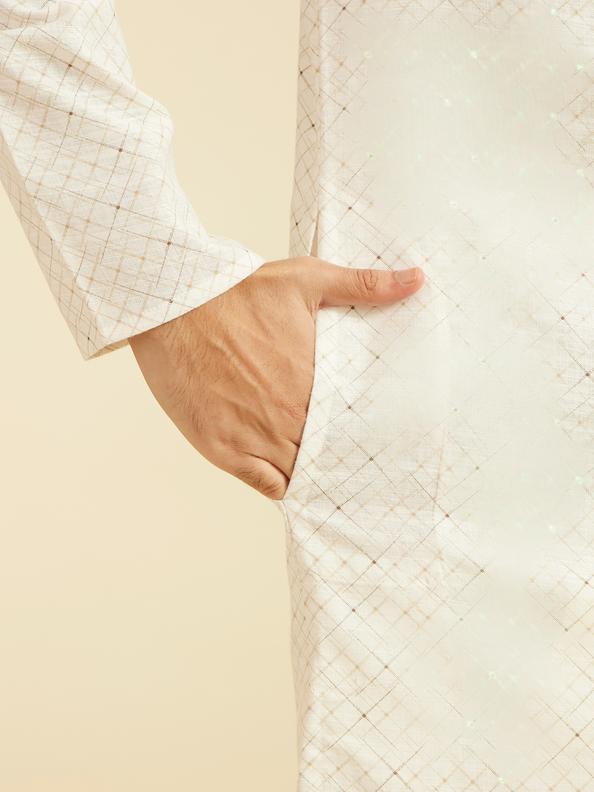 Diwas Men Warm White Lattice Printed Kurta
