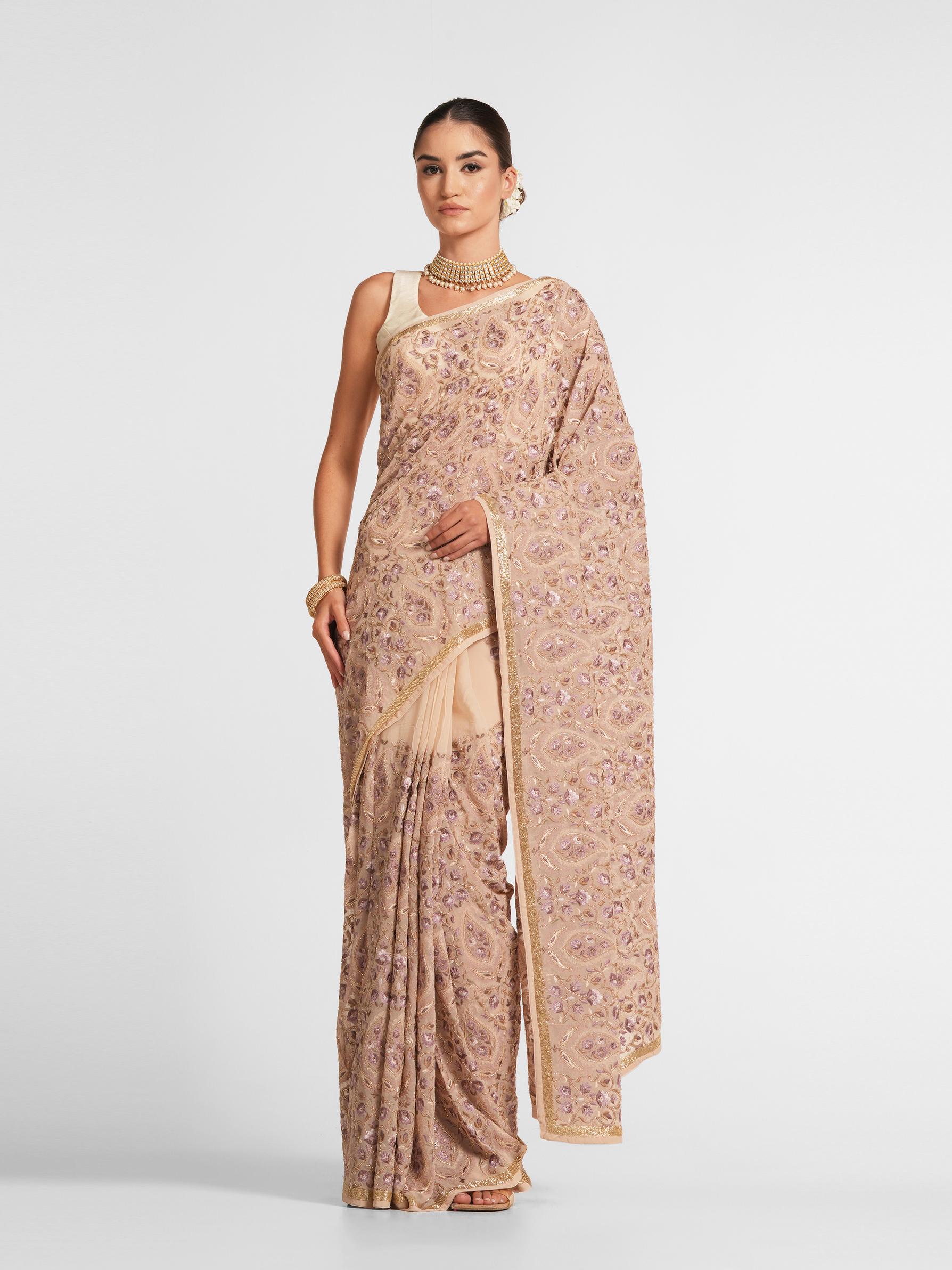 Twamev Women Ethereal Georgette Cream Saree