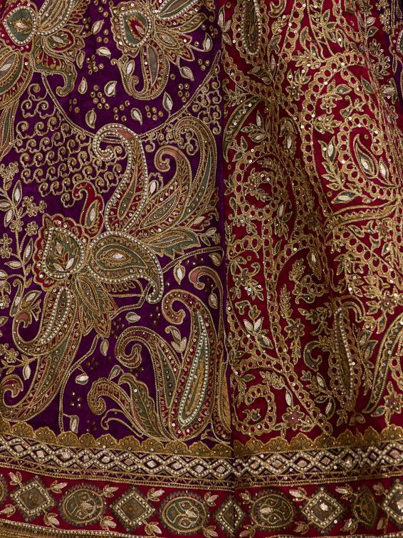 Twamev Women Royal Purple And Cherry Red Embroidered Lehenga with Paisley