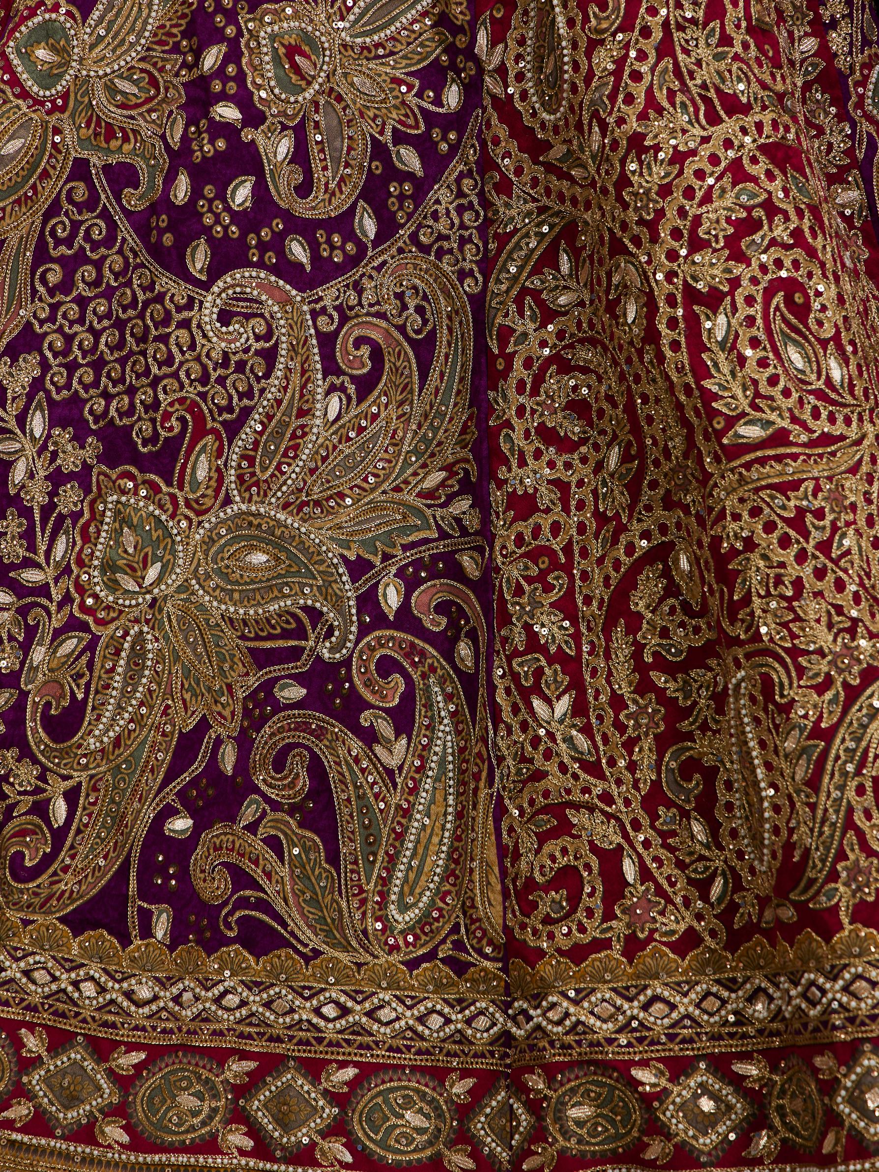Twamev Women Royal Purple And Cherry Red Embroidered Lehenga with Paisley